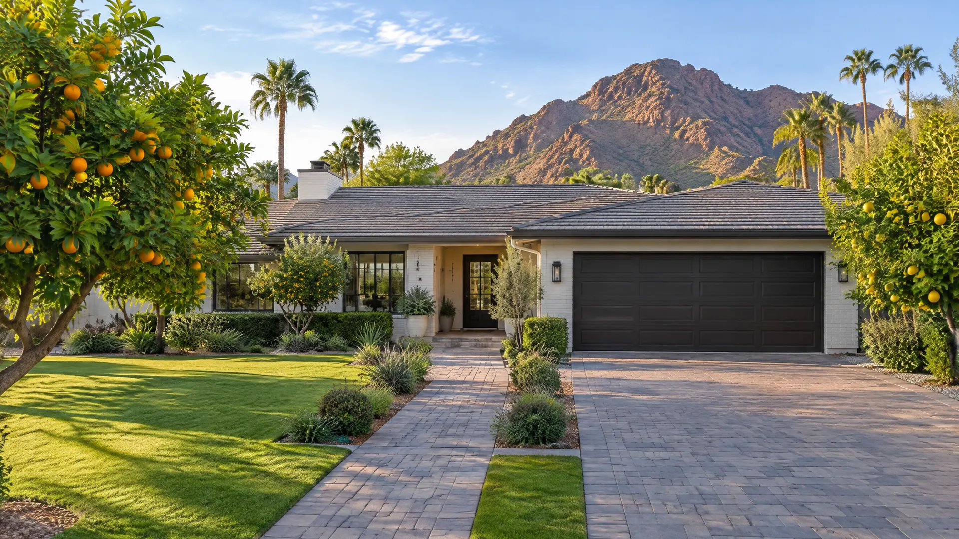 Paver driveway and front walkway at a renovated ranch home in the Arcadia neighborhood of Phoenix with citrus trees, green grass and Camelback Mountain behind