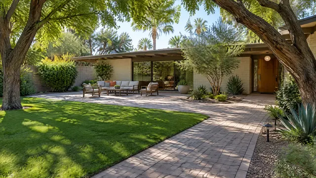 Paver courtyard and walkway at a mid-century home in North Central Phoenix with mature trees, irrigated grass and shade