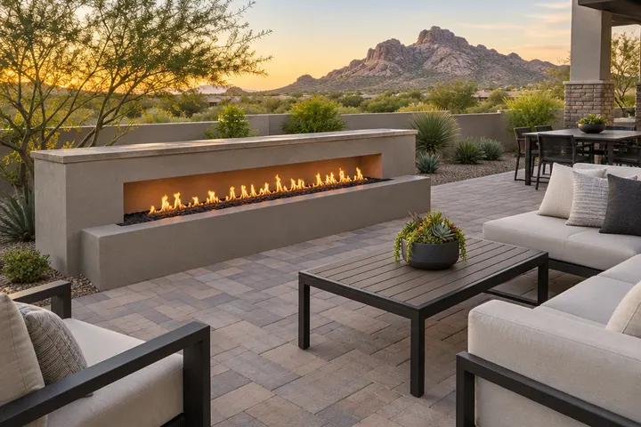 Linear gas fire feature built into a low wall on a modern paver patio
