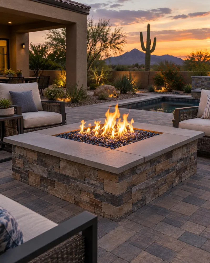 Square block fire pit with flat cap stones and gas fire glass flame, on a paver patio at dusk