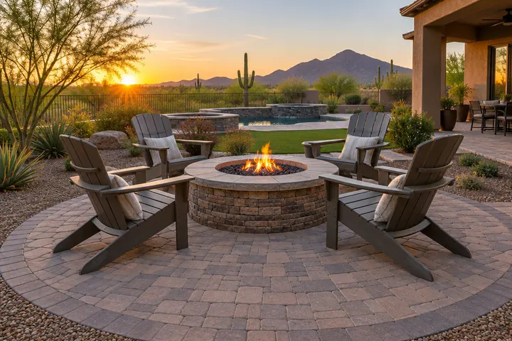 Round fire pit with Adirondack chairs on a circular paver pad