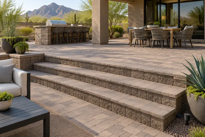 Wide paver steps with block risers between two patio levels