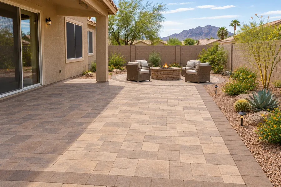The same Phoenix backyard after a paver project: a large tan blend paver patio with a border, fire pit area and gravel planting beds