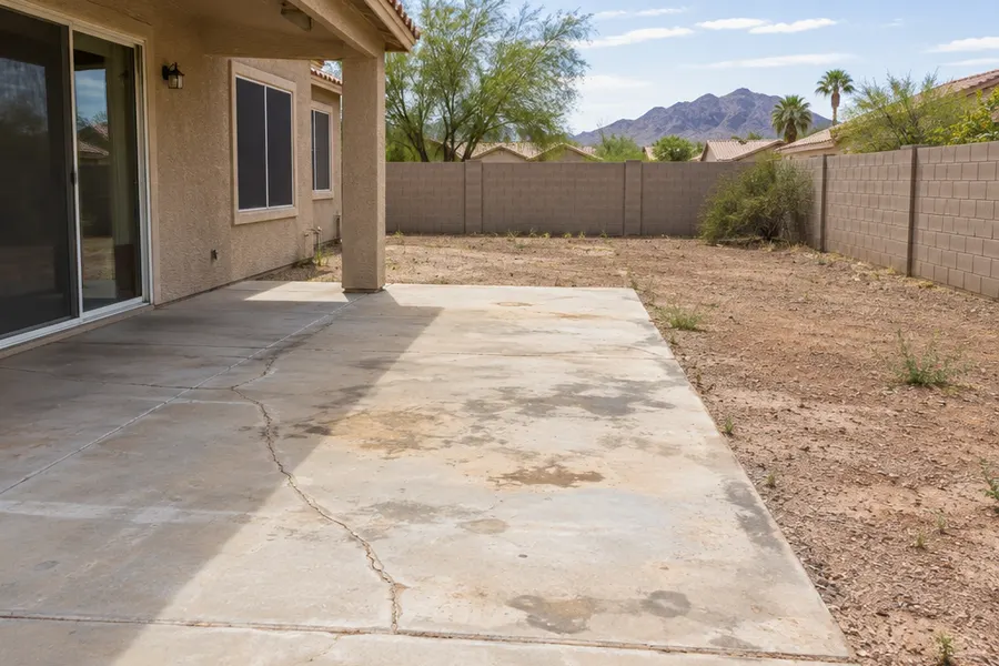 Plain cracked concrete slab patio and dirt yard behind a Phoenix stucco home before a paver project, faded and stained