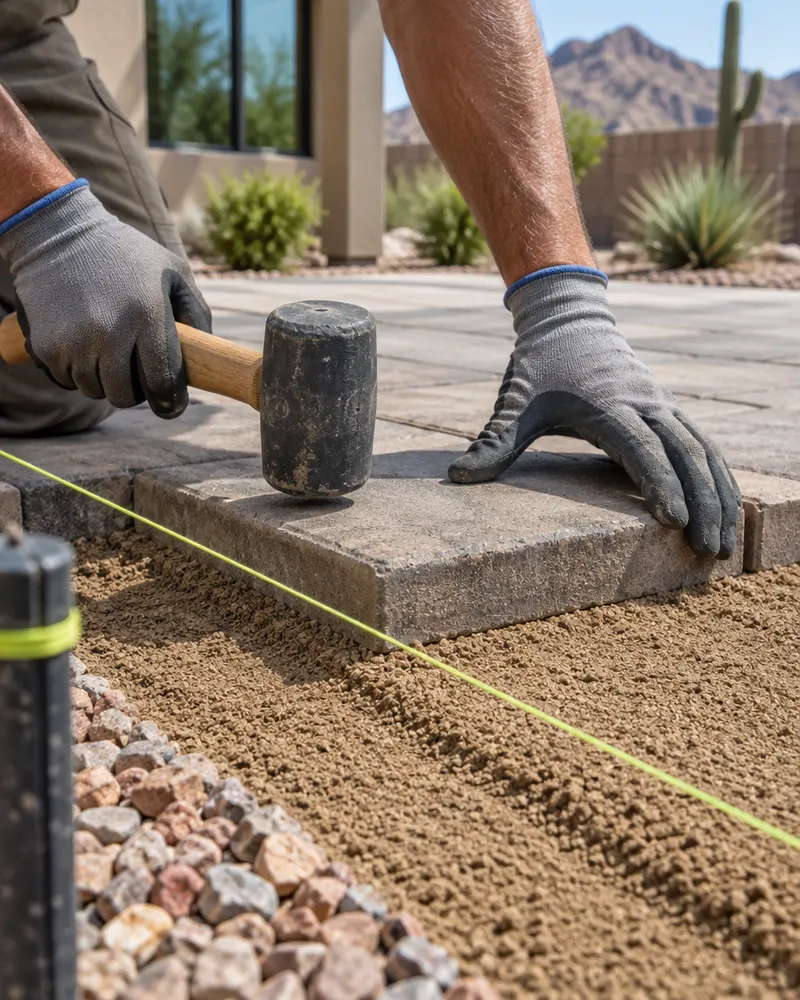Close-up of a crew member's gloved hands setting a concrete paver onto a screeded sand bed, with a rubber mallet and string line nearby