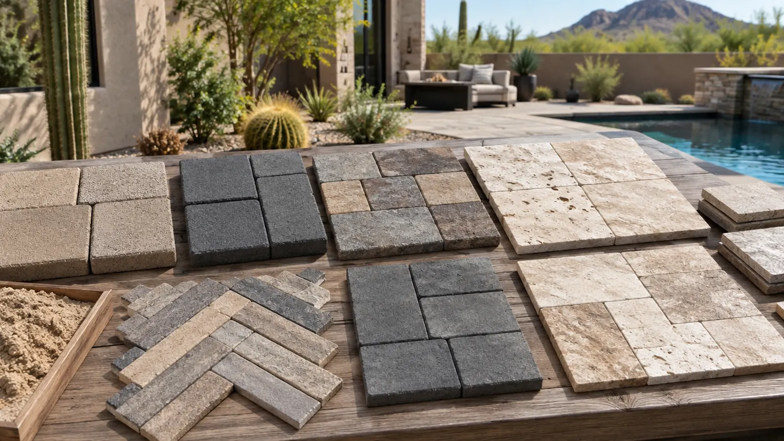 Paver samples laid out on a table outdoors: concrete pavers in sand, charcoal and blend colors, travertine tiles, and a few patterns arranged side by side