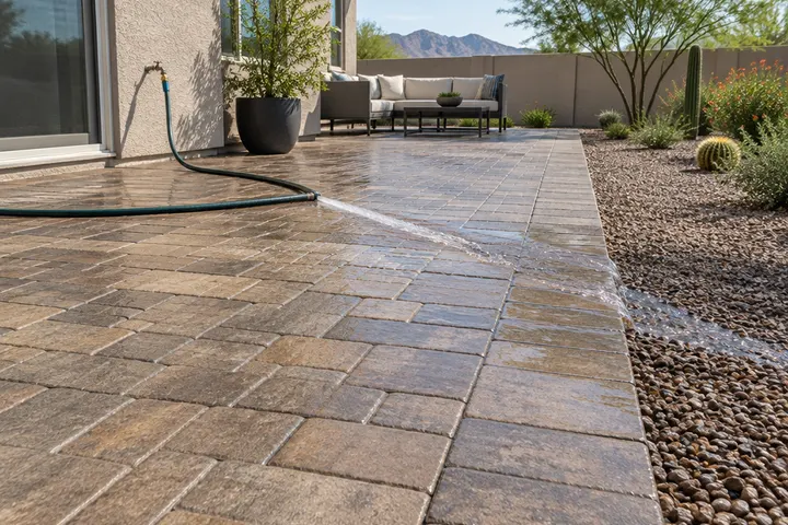 Paver patio sloped away from a house with water from a hose running off toward a gravel area, no puddles
