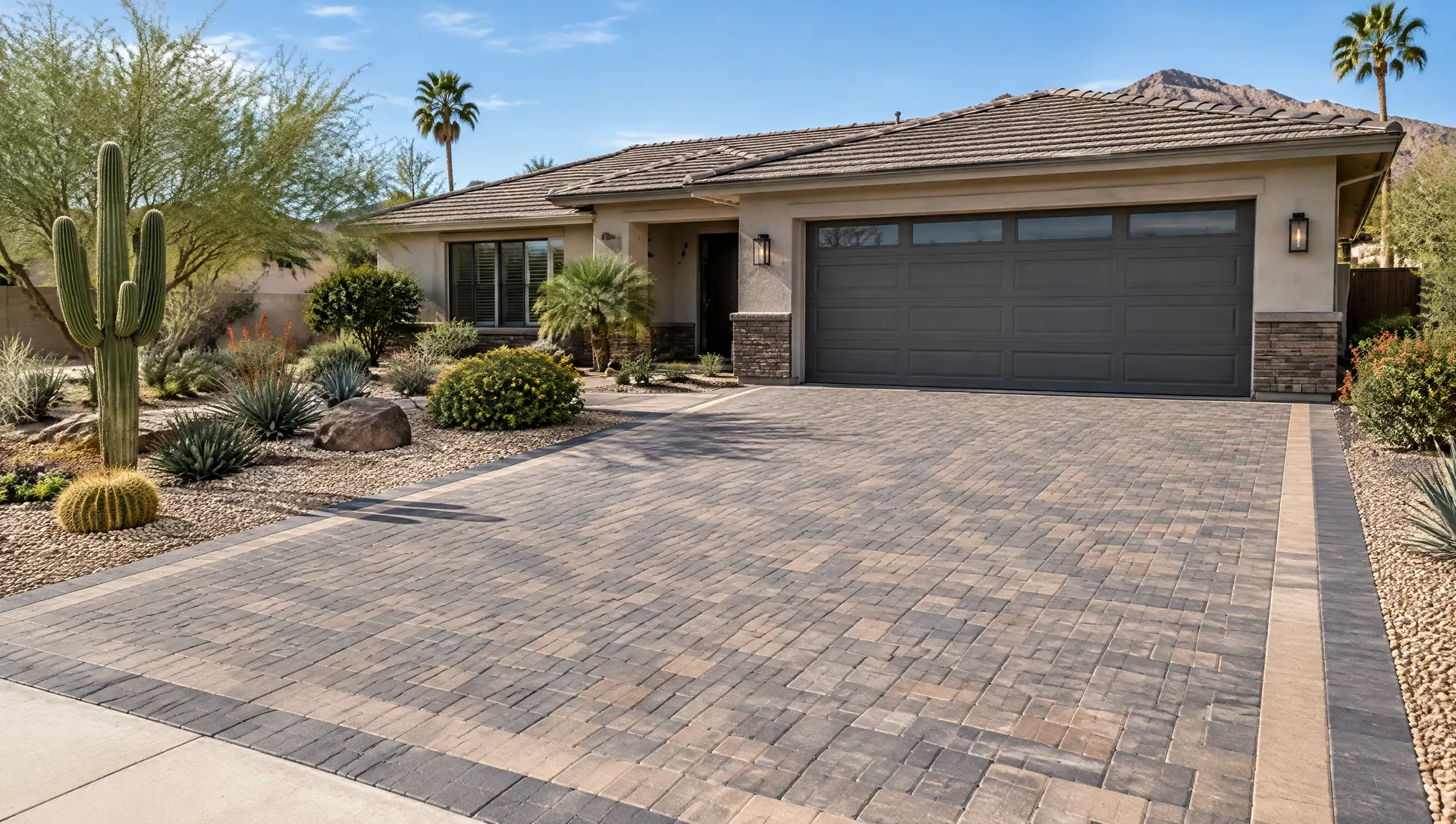 Wide new paver driveway in front of a single-story Phoenix ranch home with a two-car garage, charcoal and sand pavers with a contrasting border, desert front yard landscaping