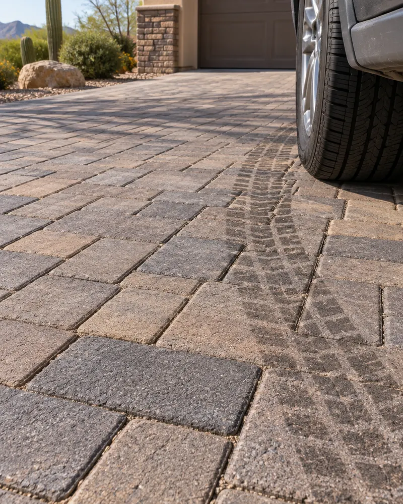Close-up of a thick paver driveway surface with a tire track of a parked car, showing interlocking pattern
