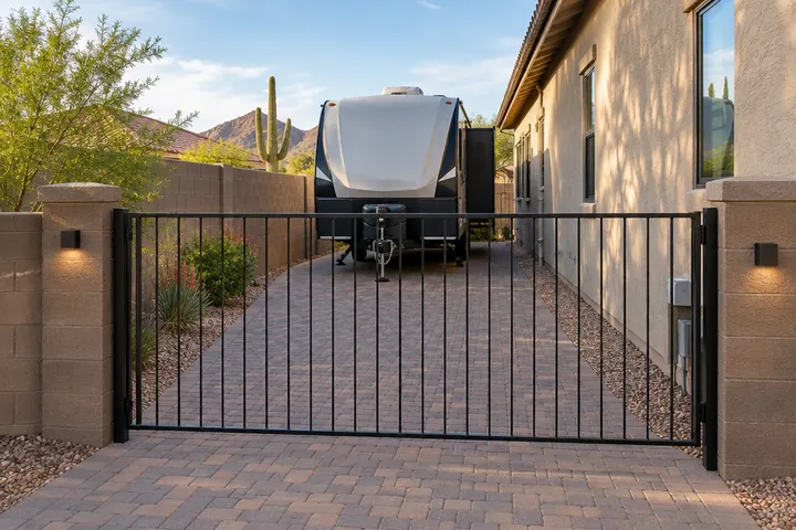 Side yard RV parking pad built with pavers behind a gate next to a house