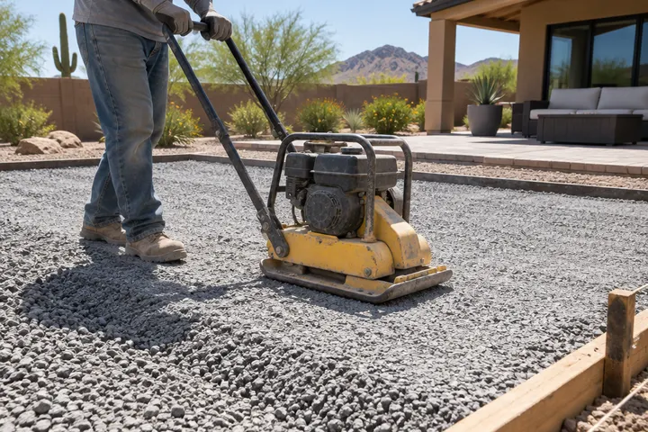 Crushed aggregate base being compacted in layers with a plate compactor for a paver project