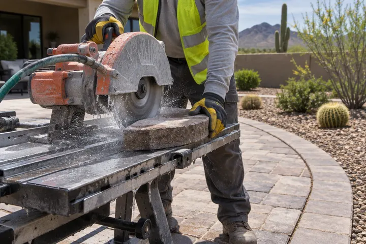Wet saw cutting a concrete paver to fit a curved border, water spray visible, safety gear on the operator with face not visible