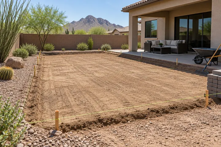 Excavated and graded area for a new paver patio with string lines and stakes marking the layout, desert soil