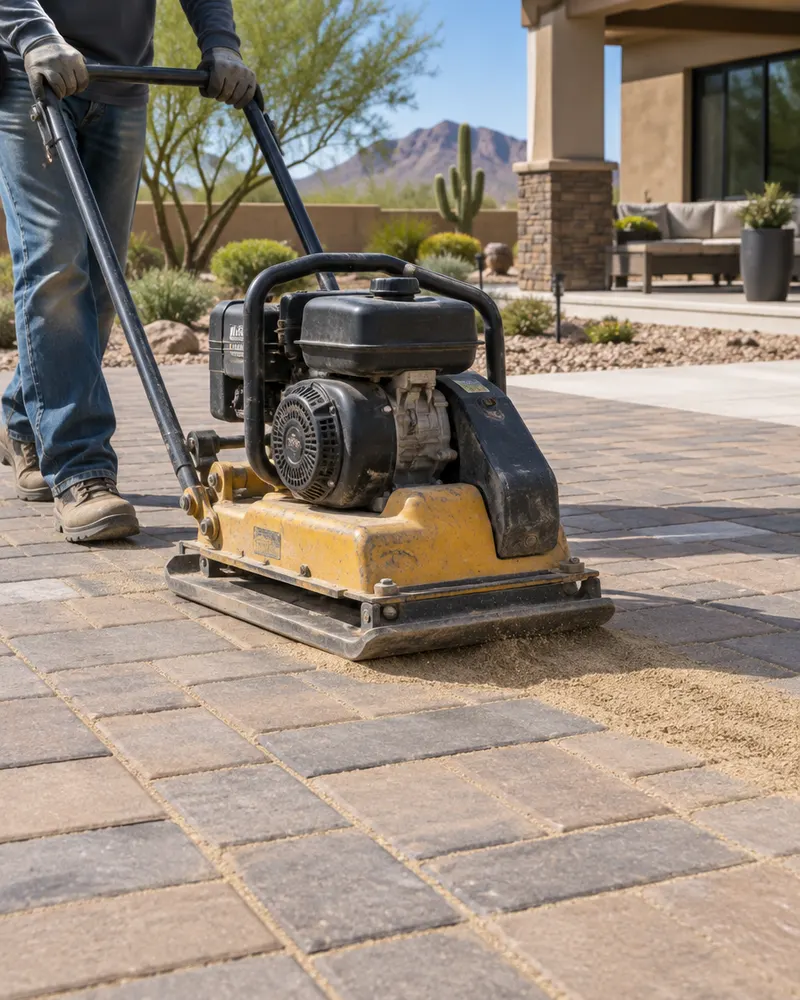 Plate compactor running over newly laid pavers on a residential job, sand being swept into the joints