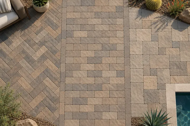 Overhead view of three paver patterns side by side: herringbone, running bond and a random ashlar layout
