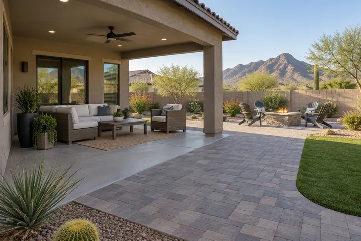 Concrete slab covered patio extended outward with matching pavers into the yard