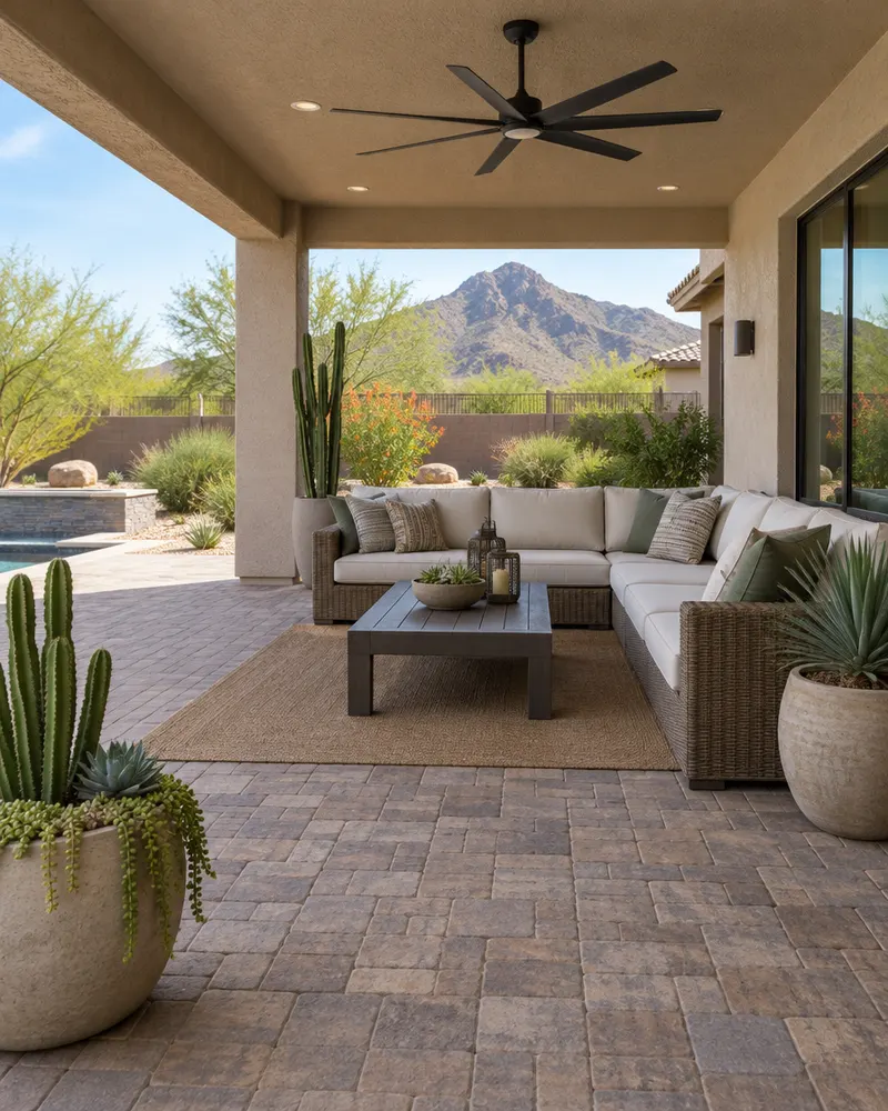 Paver patio with outdoor sectional seating, potted desert plants and a ceiling fan under a covered patio extension