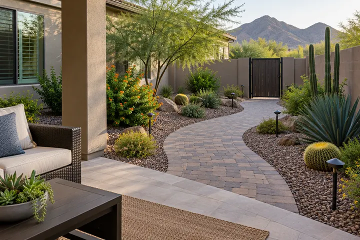Curving paver walkway leading from a patio through desert landscaping to a side gate
