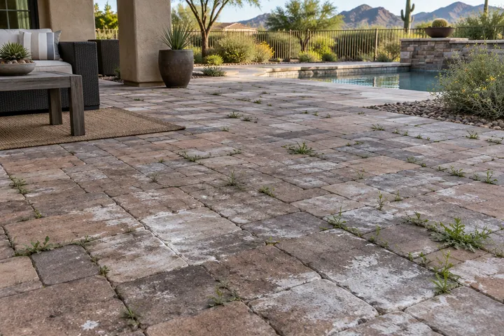 Faded, stained pavers with weeds in the joints and white efflorescence haze