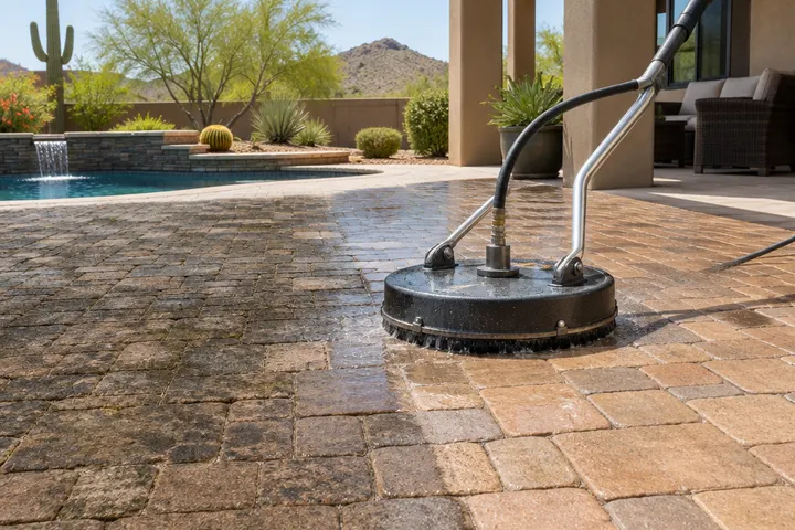 Pressure washer surface cleaner cleaning a paver patio, half clean half dirty