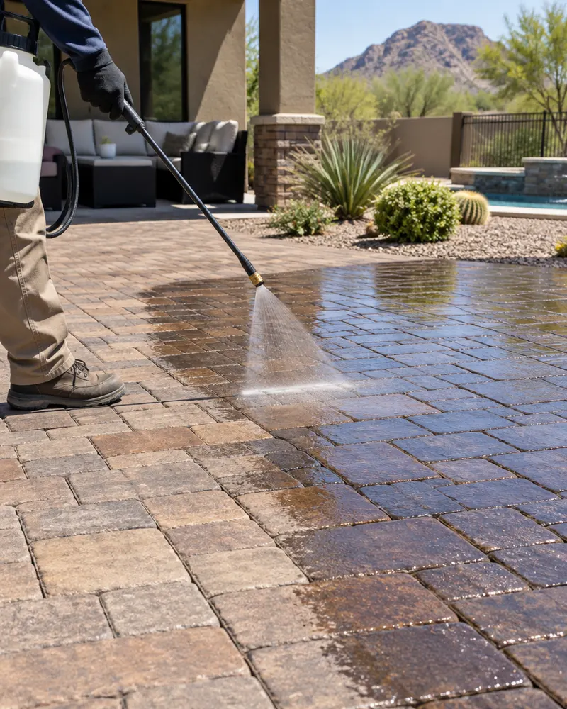 Sprayer applying sealer to clean pavers, wet-look finish appearing
