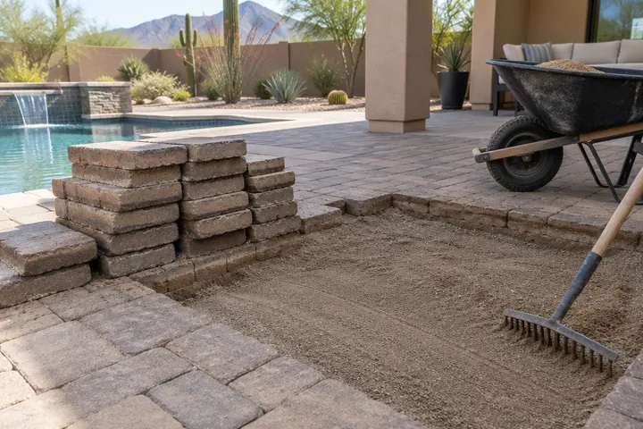 Section of sunken pavers lifted out and stacked, with the base being re-leveled before reinstalling