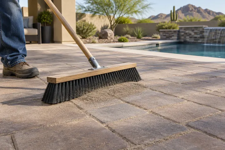 Polymeric joint sand being swept into paver joints with a push broom