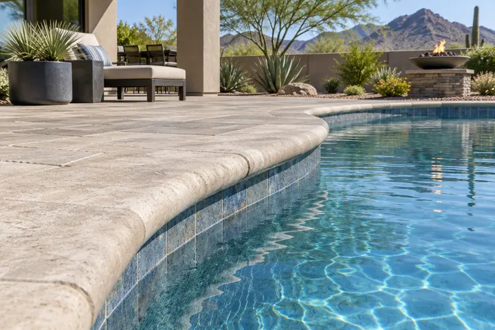 Rounded bullnose paver coping on the edge of a pool
