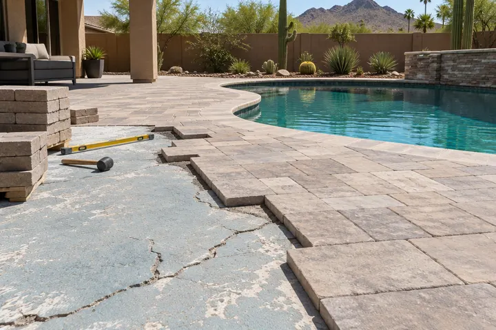 Old cracked cool-deck pool surface being covered with new pavers