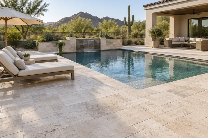 Large ivory travertine pavers in a French pattern around a pool